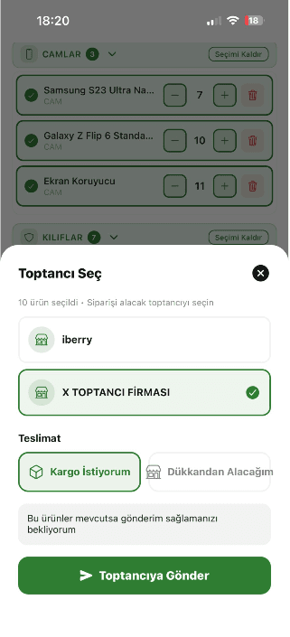 Esnaf sipariş ekranı