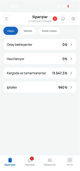Toptancı bildirim ekranı